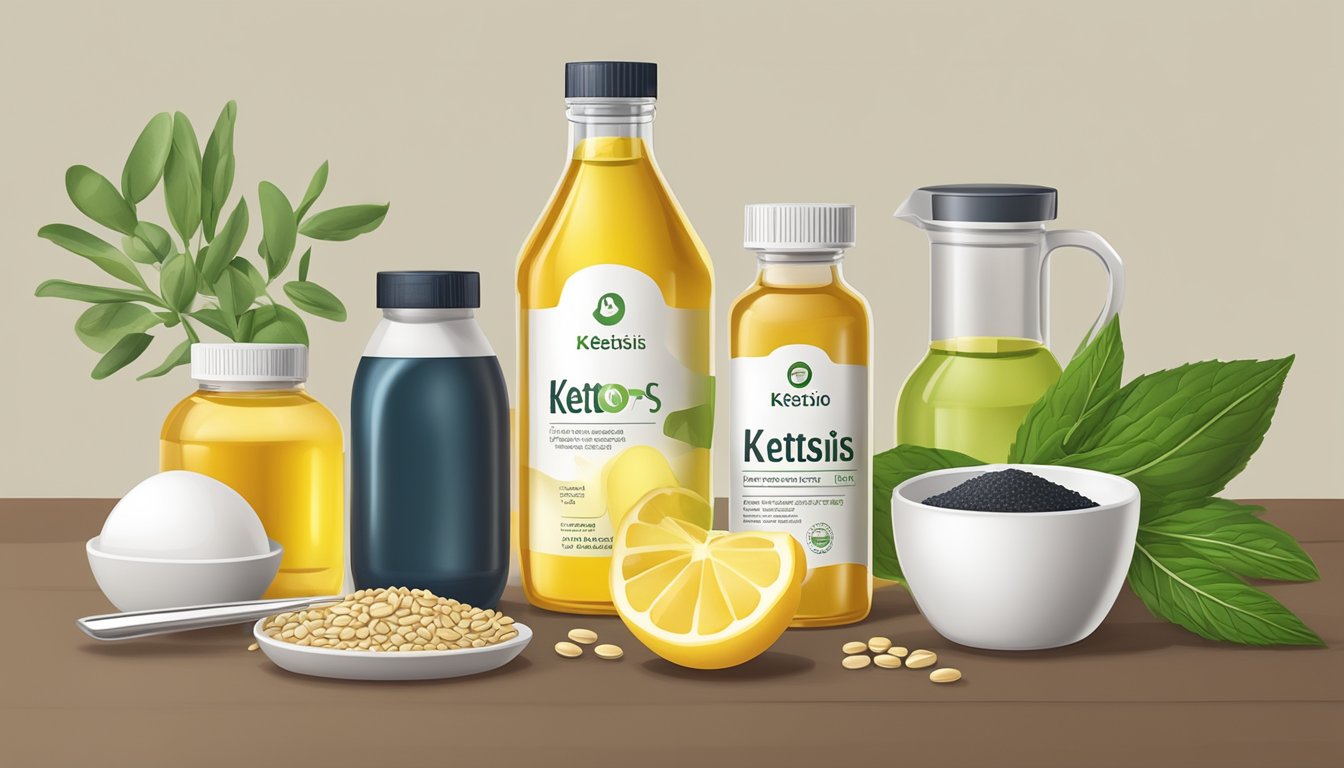 A kitchen counter with various seed oils, a measuring spoon, and a bottle of ketosis supplements