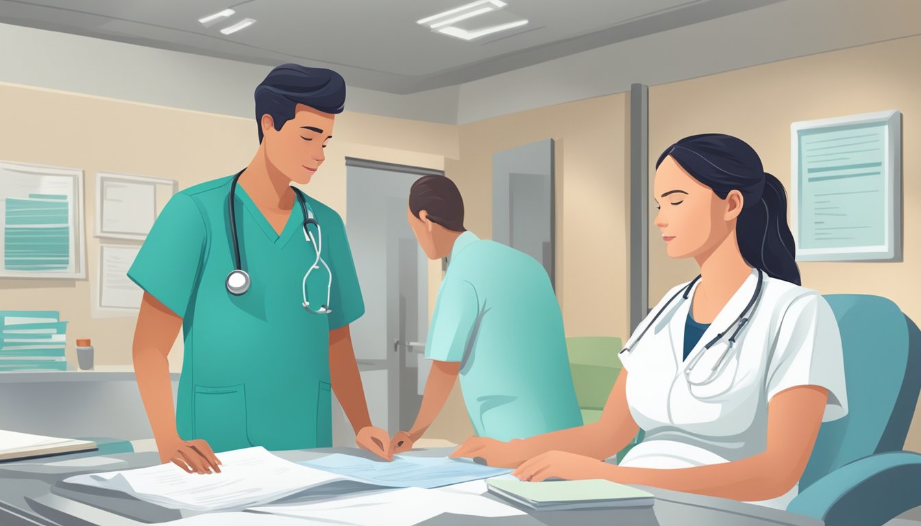 A pregnant woman receiving critical illness insurance paperwork from a doctor in a hospital room