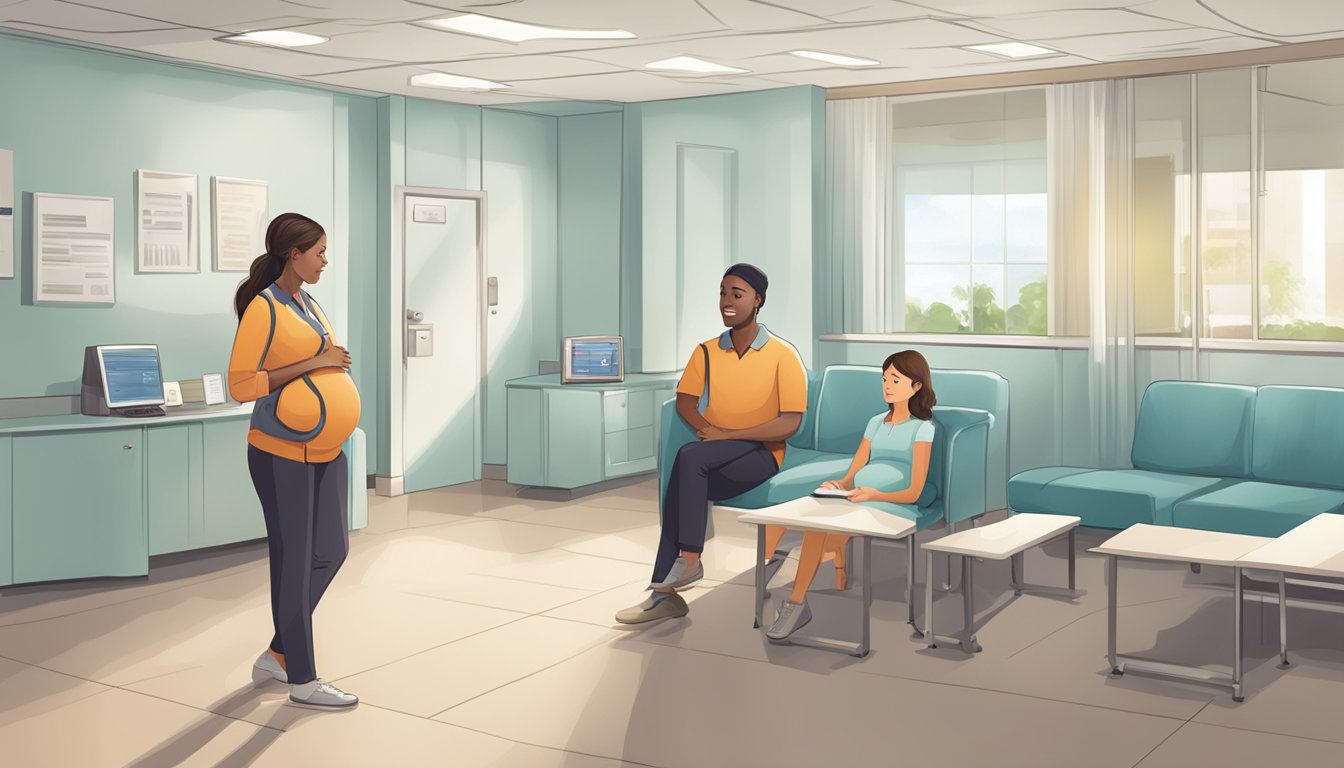 A pregnant woman receiving critical illness insurance information from an agent in a hospital waiting room