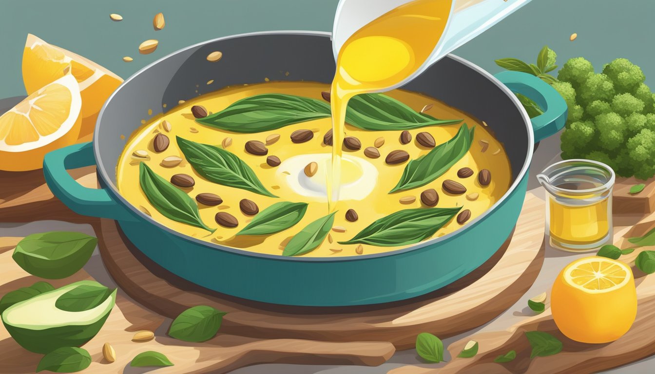 A sizzling pan of seed oils being poured into a keto-friendly recipe, with a background of various fats and oils used in a keto diet