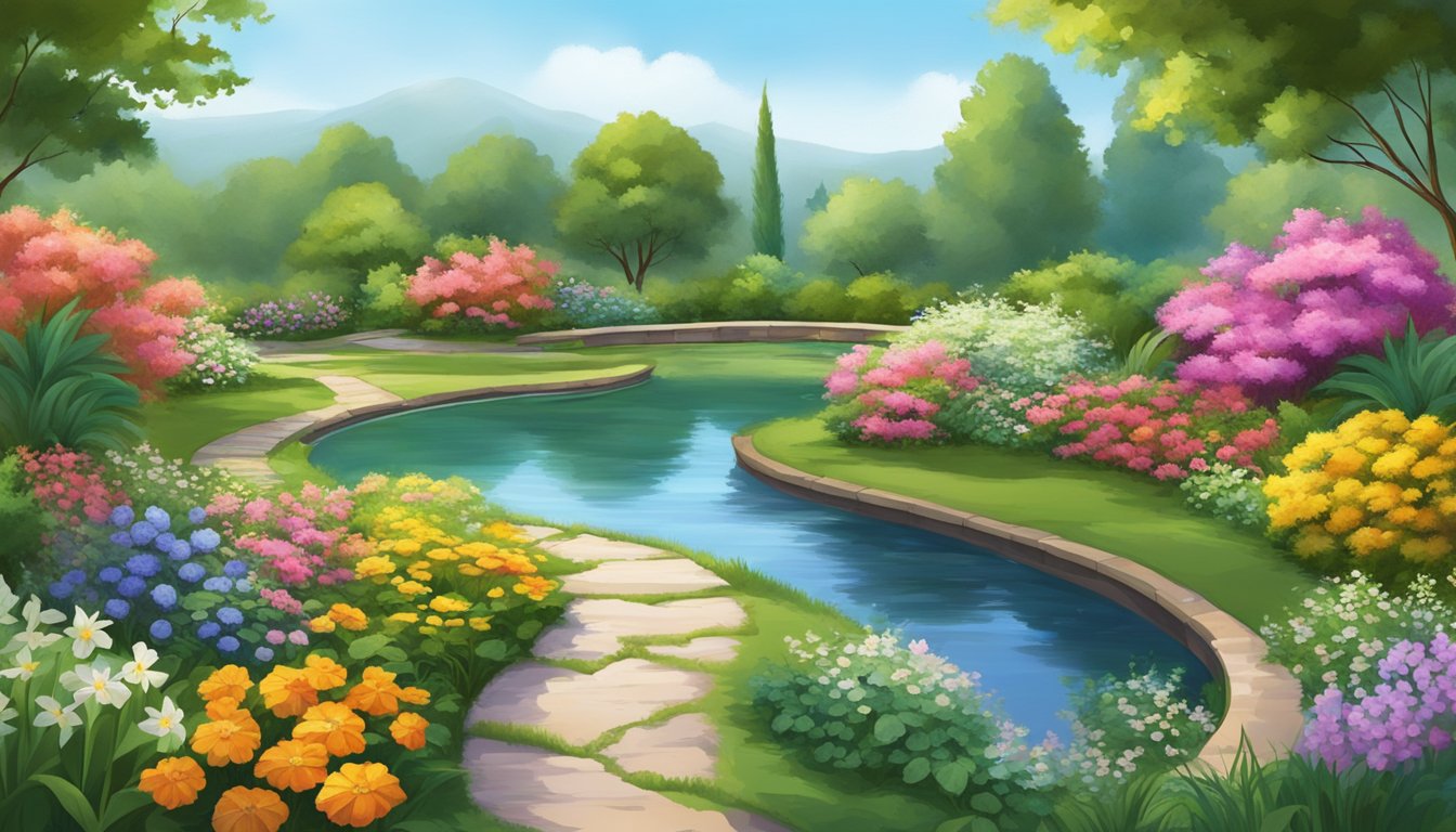 A serene garden with a winding path leading to a peaceful pond, surrounded by vibrant flowers and lush greenery