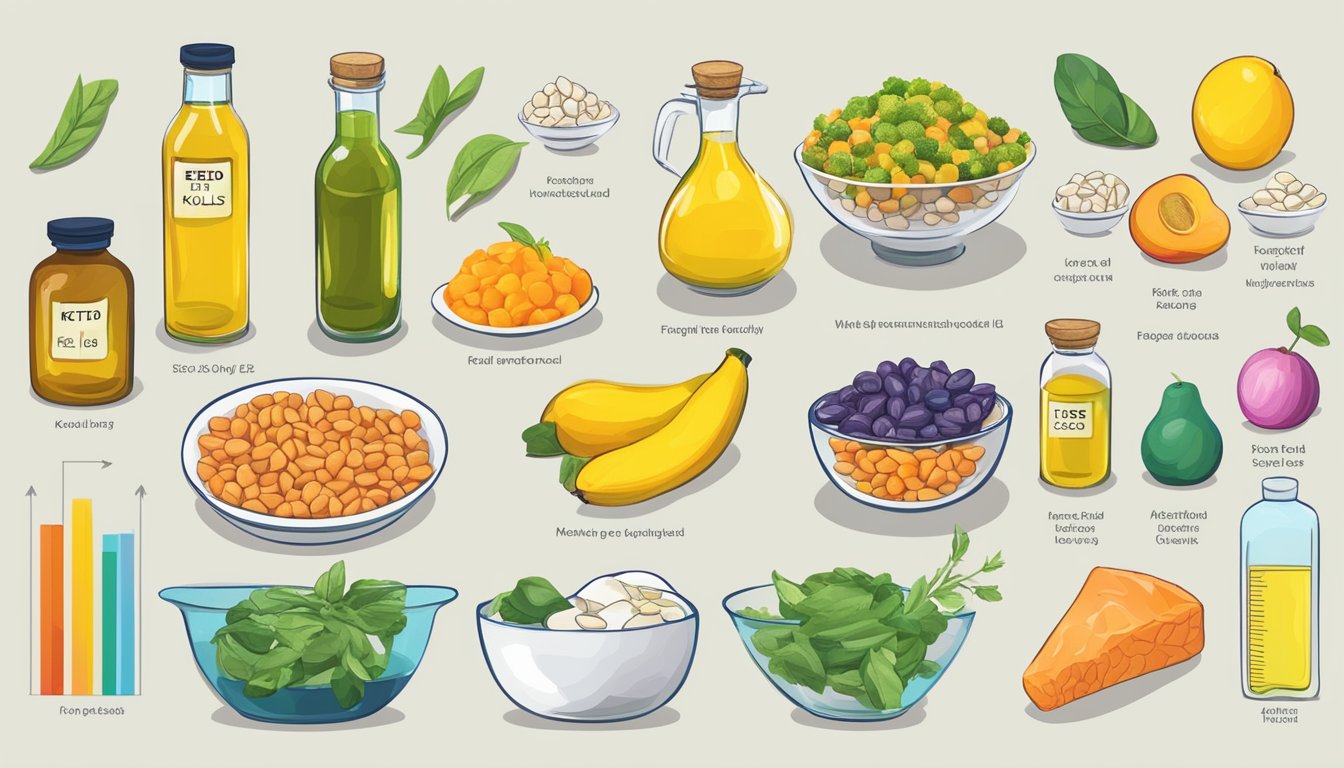 A colorful illustration of various seed oils and keto-friendly foods, with a scale showing weight loss progress and a graph depicting ketosis levels