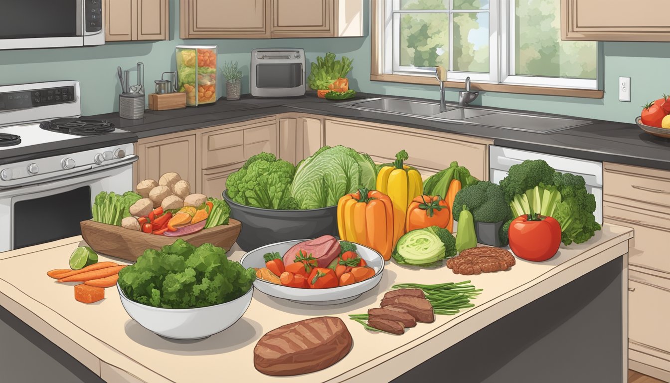 A kitchen counter with a variety of low-carb foods, including vegetables, lean meats, and healthy fats. A meal plan chart and nutrition labels are visible