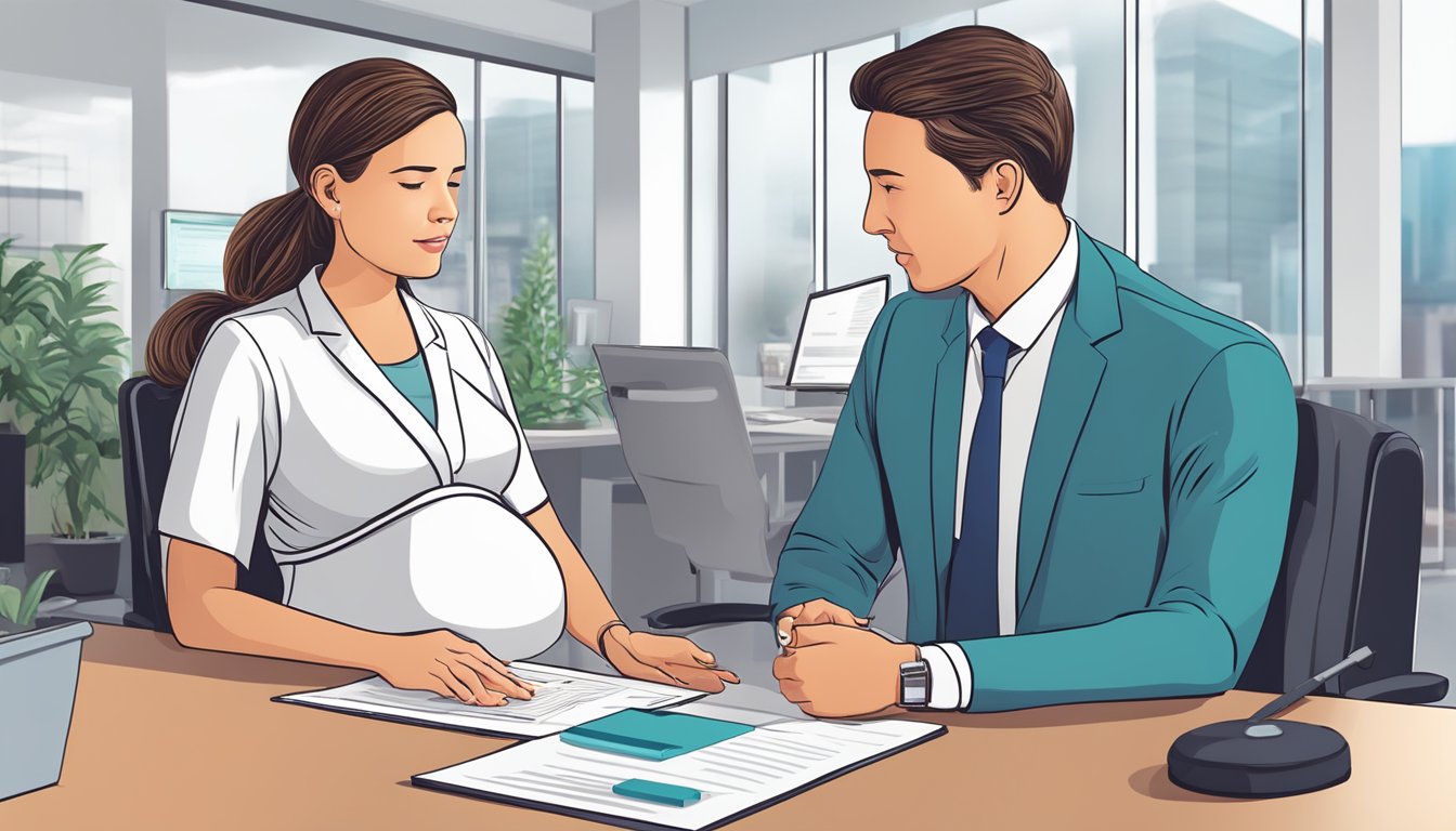 A pregnant woman receiving critical illness insurance information from an insurance agent in a modern office setting