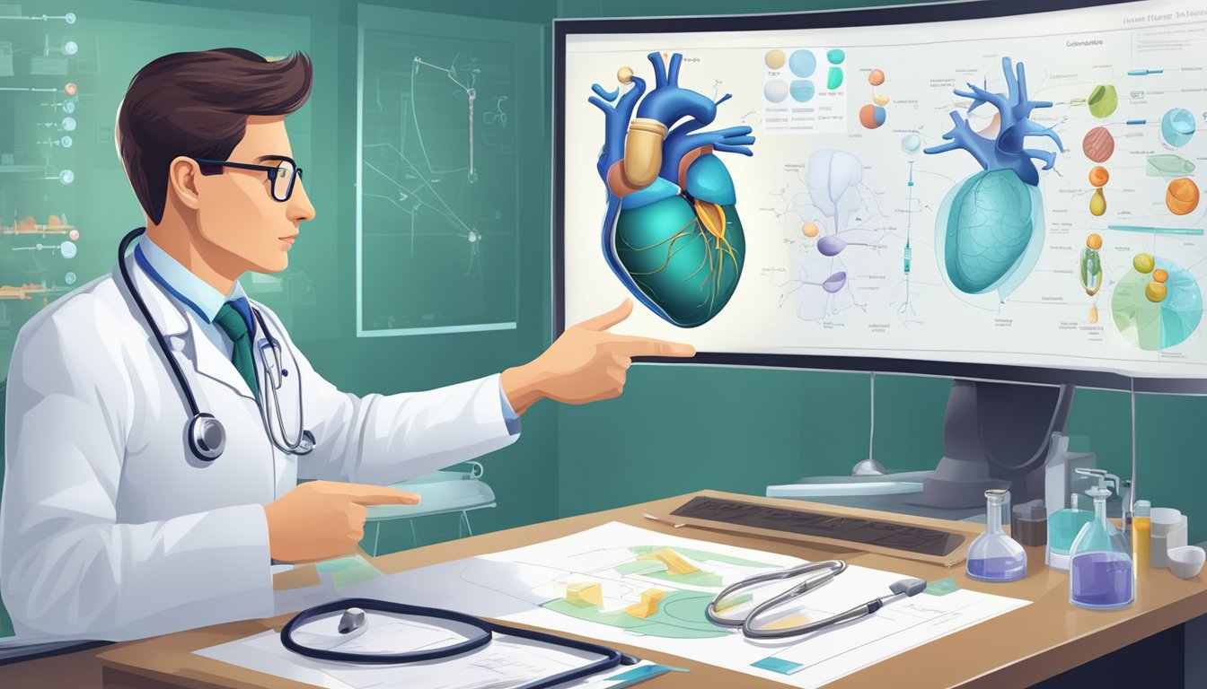 A doctor pointing to a diagram of the gallbladder, surrounded by medical equipment and charts