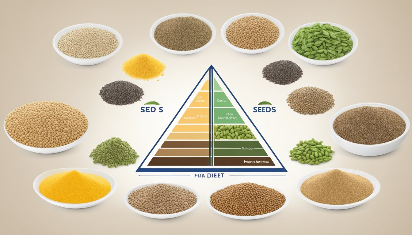 A variety of popular seeds, including chia, flax, and hemp, arranged in a circular pattern with their corresponding keto diet seed oils dripping onto a scale, with a ketogenic diet food pyramid chart in the background