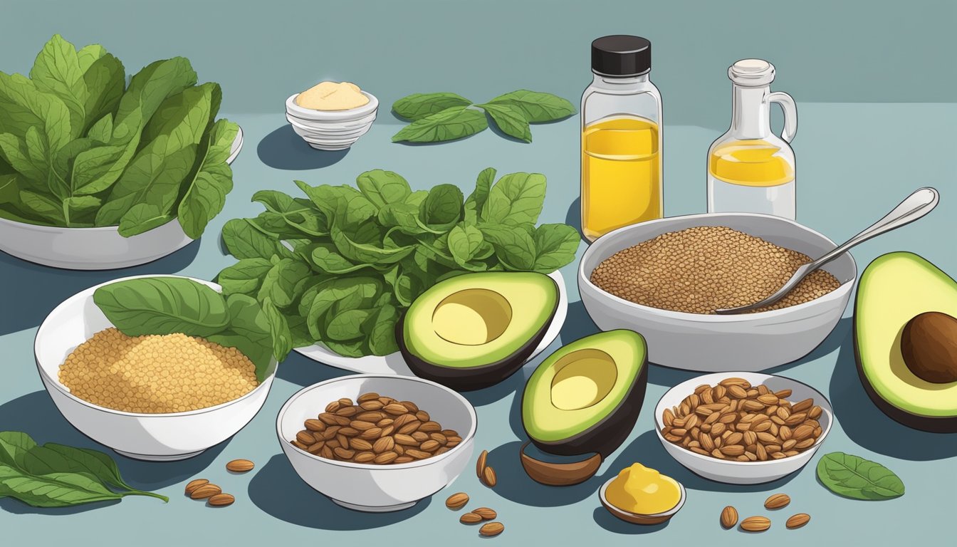 A kitchen counter with various seed oils (avocado, flaxseed, sesame) and a measuring spoon, alongside a plate of keto-friendly foods like nuts and leafy greens