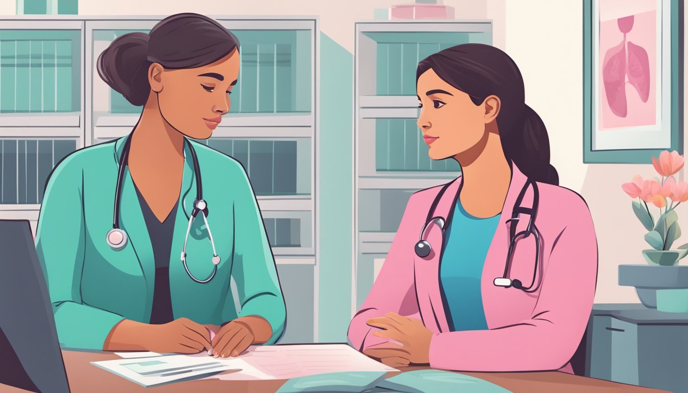 A woman sitting in a doctor's office, receiving a diagnosis of breast cancer. The doctor is explaining treatment options while the woman listens attentively