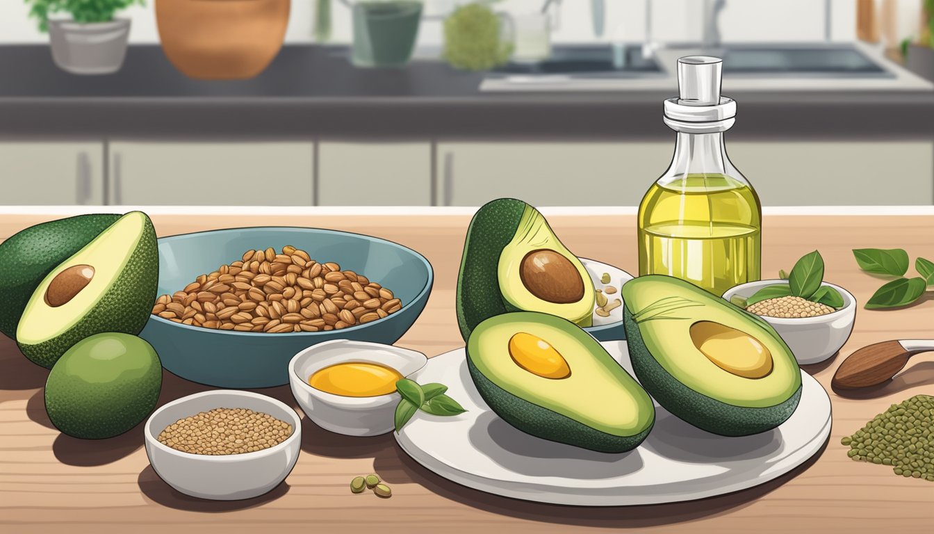 A kitchen counter with various seed oils (avocado, flaxseed, sesame) next to a plate of keto-friendly foods (avocado, nuts, salmon)