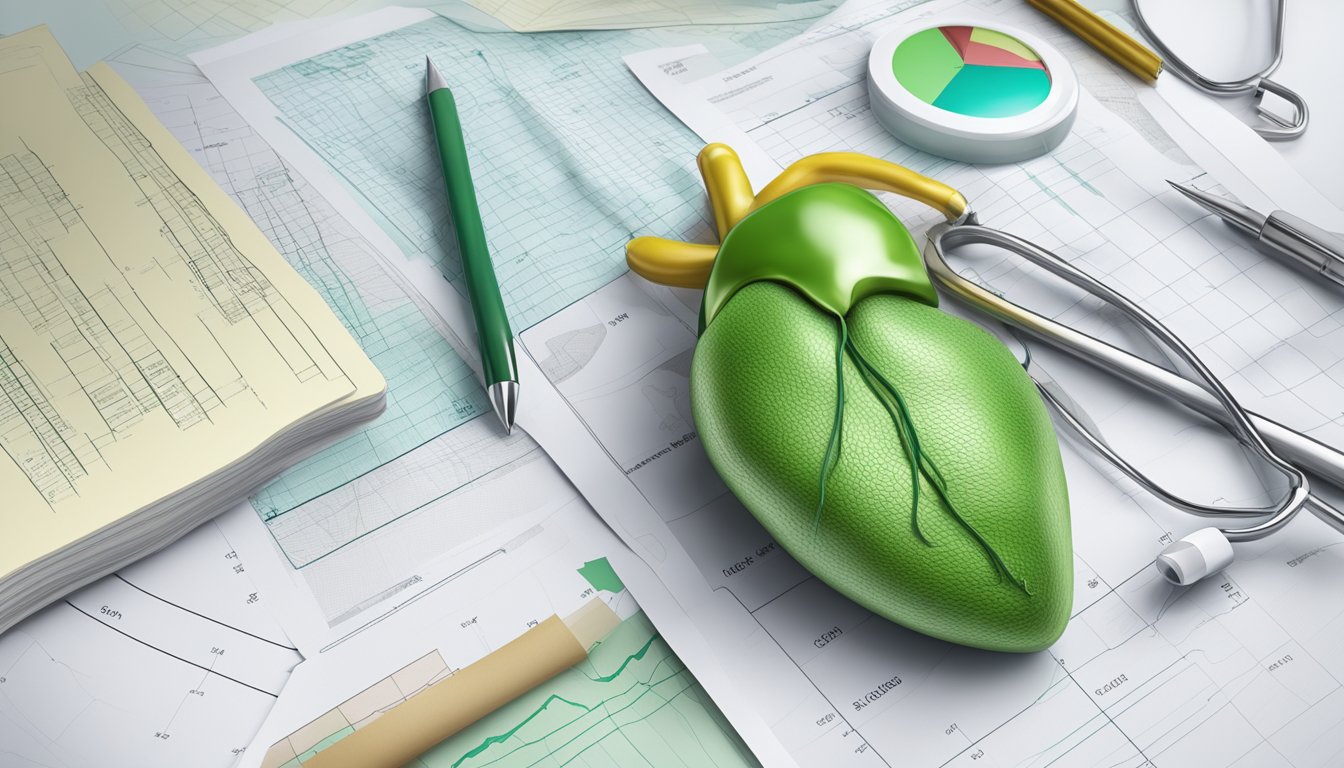 A medical illustration of a gallbladder with a backdrop of financial documents and charts, representing the financial aspects of critical illness insurance