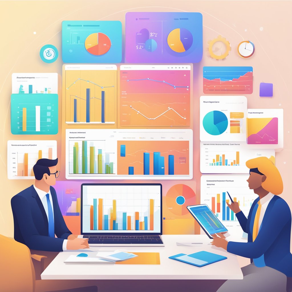 A sales dashboard displaying key performance metrics and charts, surrounded by a team meeting to discuss sales operations strategy and enhancement