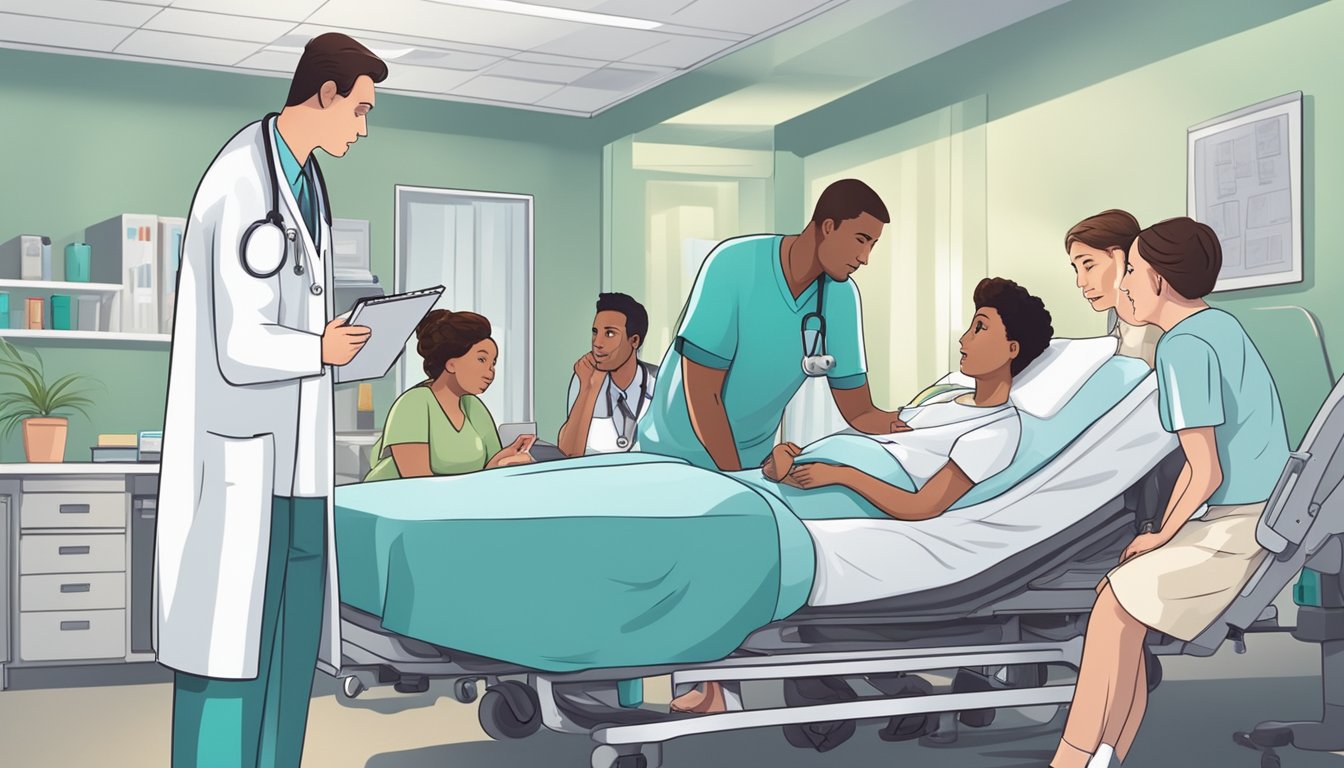 A hospital bed surrounded by concerned family members. A doctor holding a clipboard discusses critical illness insurance with a worried patient