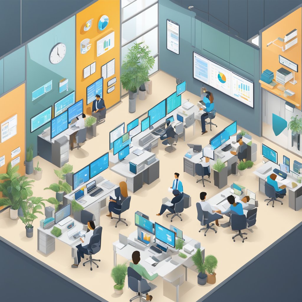 A bustling office with interconnected departments, charts, and data analytics on display, highlighting the integration of sales operations into the broader business context