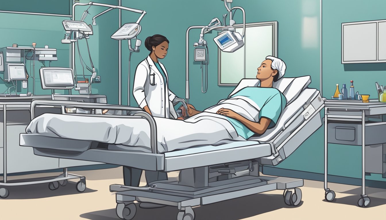 A person lying in a hospital bed, surrounded by medical equipment and receiving treatment for a critical illness. A doctor and nurse are discussing the patient's rehabilitation plan