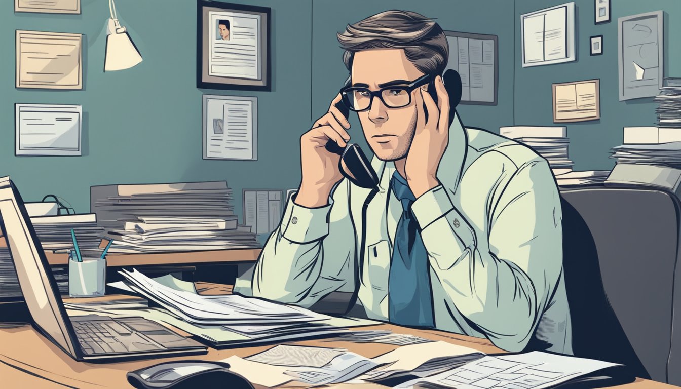 A person sitting at a desk, surrounded by medical bills and paperwork, with a worried expression while talking on the phone with an insurance agent about critical illness coverage