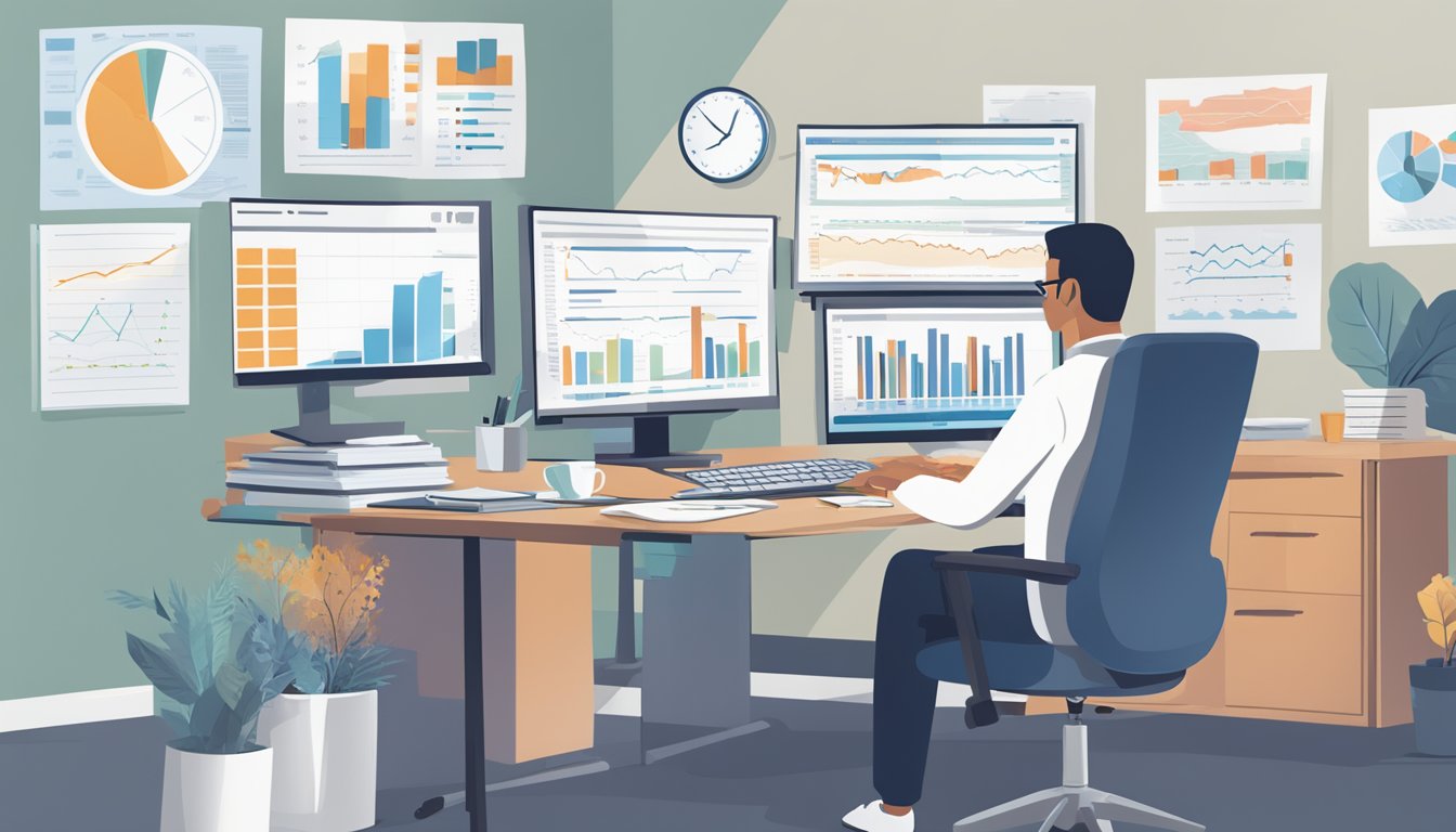 A person reviewing critical illness and disability insurance options at a desk with a computer, surrounded by charts and graphs