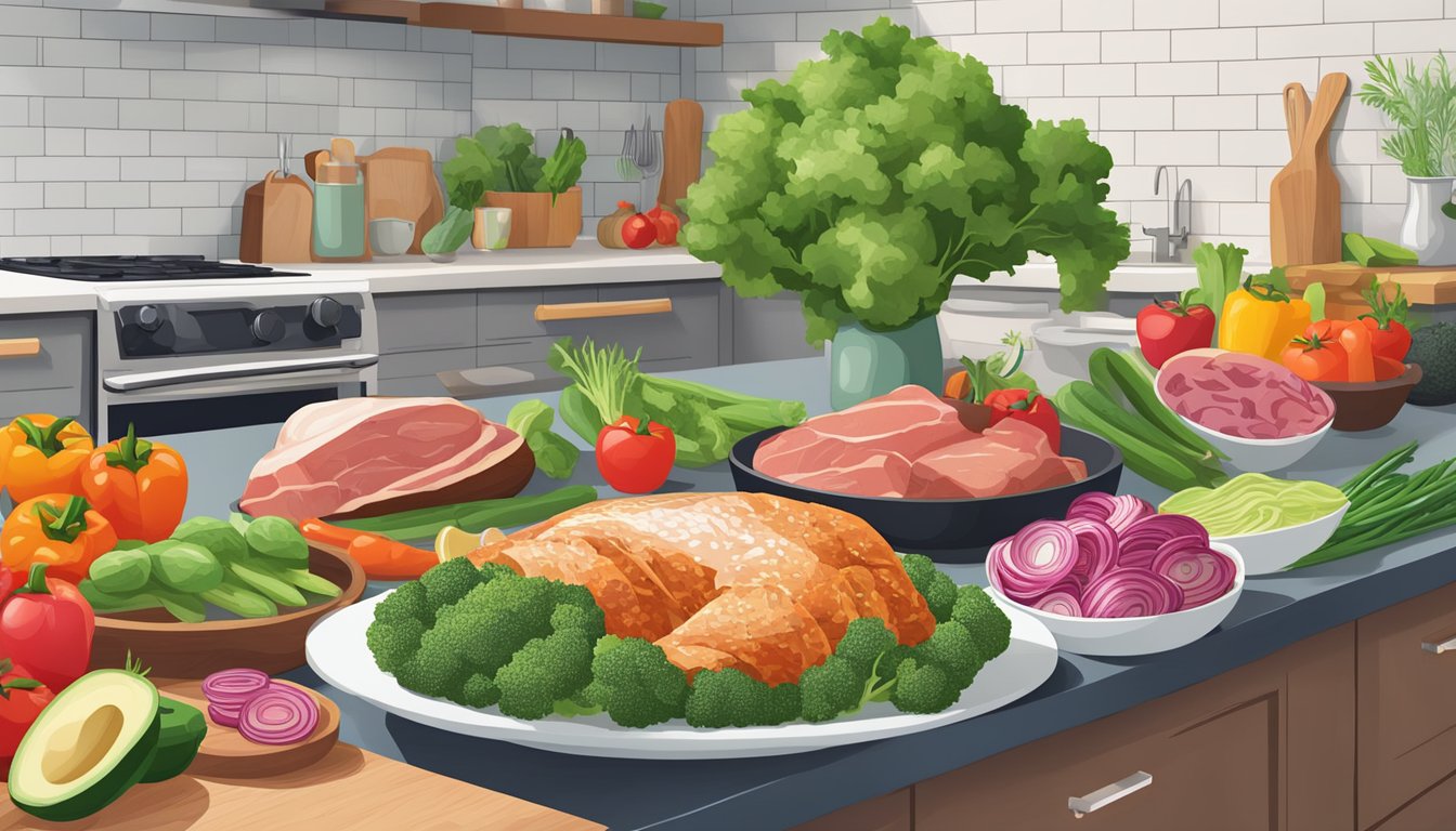 A vibrant kitchen scene with a variety of fresh vegetables, lean meats, and healthy fats on a countertop, with a cookbook open to a page on the keto diet