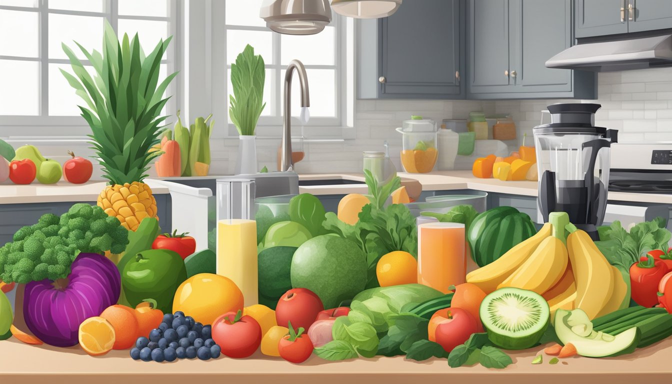 A colorful array of fresh fruits and vegetables, a blender, and keto-friendly ingredients spread out on a kitchen counter