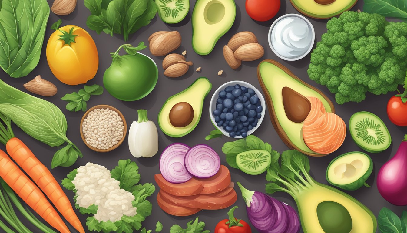 A colorful illustration of various keto-friendly foods and supplements, with a focus on fresh vegetables, lean proteins, and healthy fats