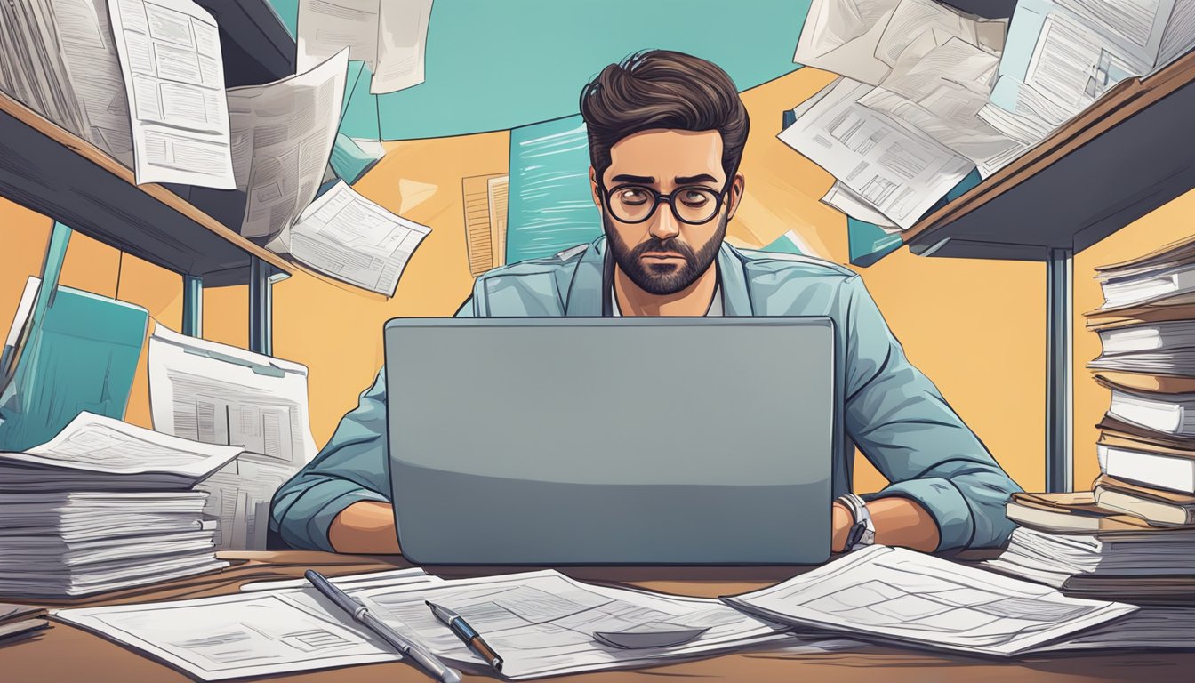 A person sitting at a desk, surrounded by medical documents and a laptop, with a worried expression on their face