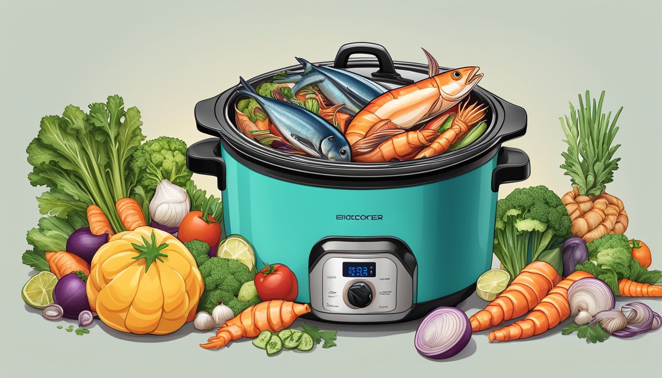 A colorful array of fresh seafood and vibrant vegetables arranged around a slow cooker, emitting delicious aromas