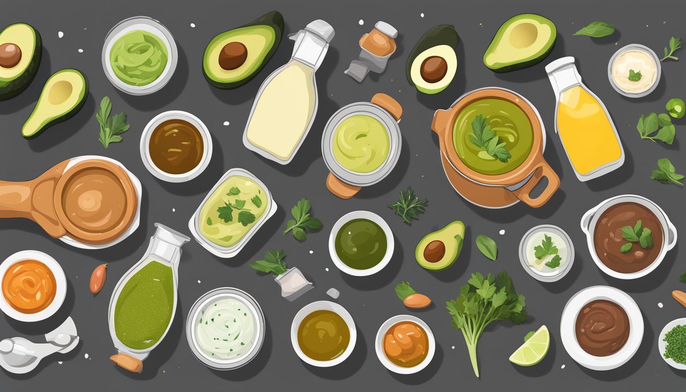 A slow cooker surrounded by various keto-friendly dressings, dips, and sauces. Ingredients like avocados, olive oil, and herbs are scattered around