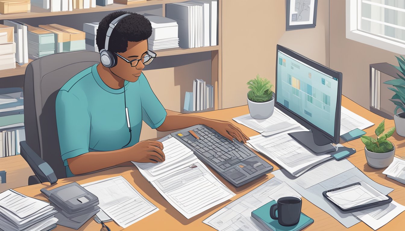 A person sitting at a desk surrounded by paperwork, a computer, and a phone. They are navigating through various insurance systems related to multiple sclerosis critical illness coverage