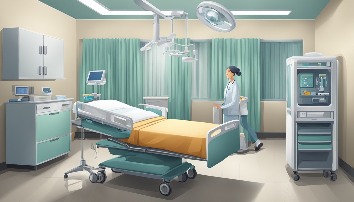 A hospital room with medical equipment, a bed, and a concerned family member