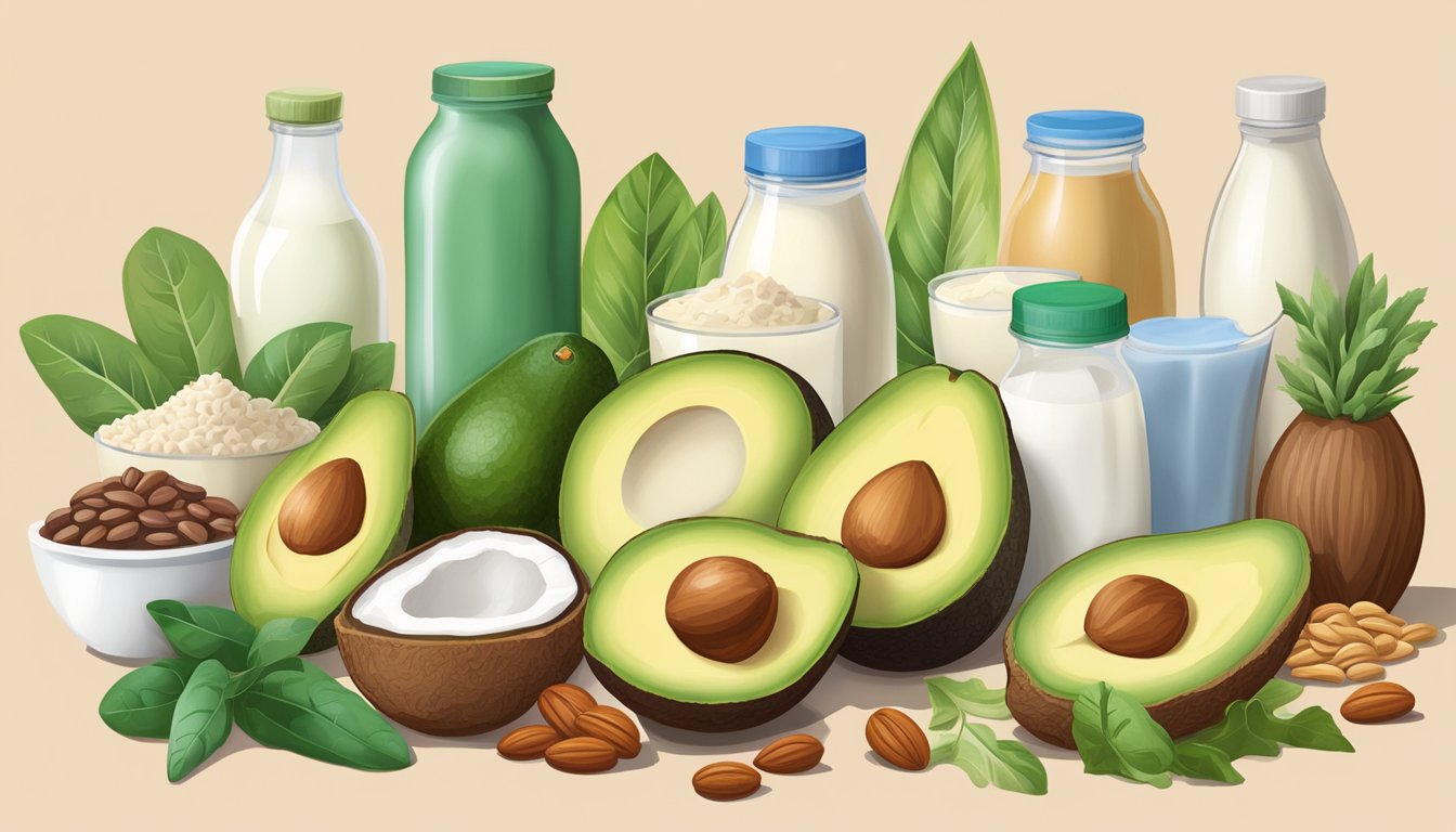 A colorful array of dairy-free, keto-friendly foods fill the scene: avocados, nuts, seeds, coconut products, leafy greens, and non-dairy milk alternatives