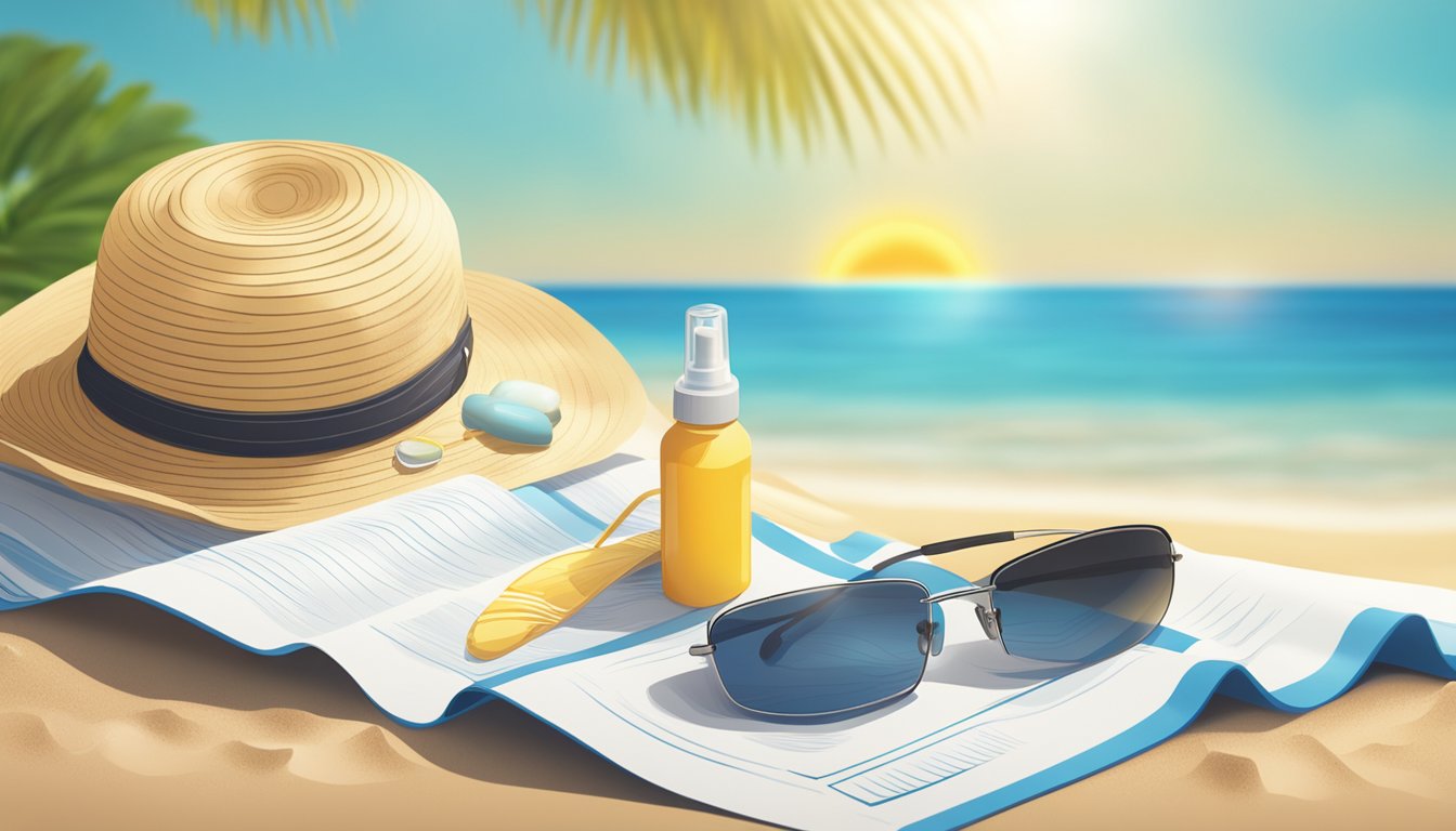 A sunny beach with a sunscreen bottle, hat, and sunglasses, alongside a leaflet on critical illness insurance for skin cancer