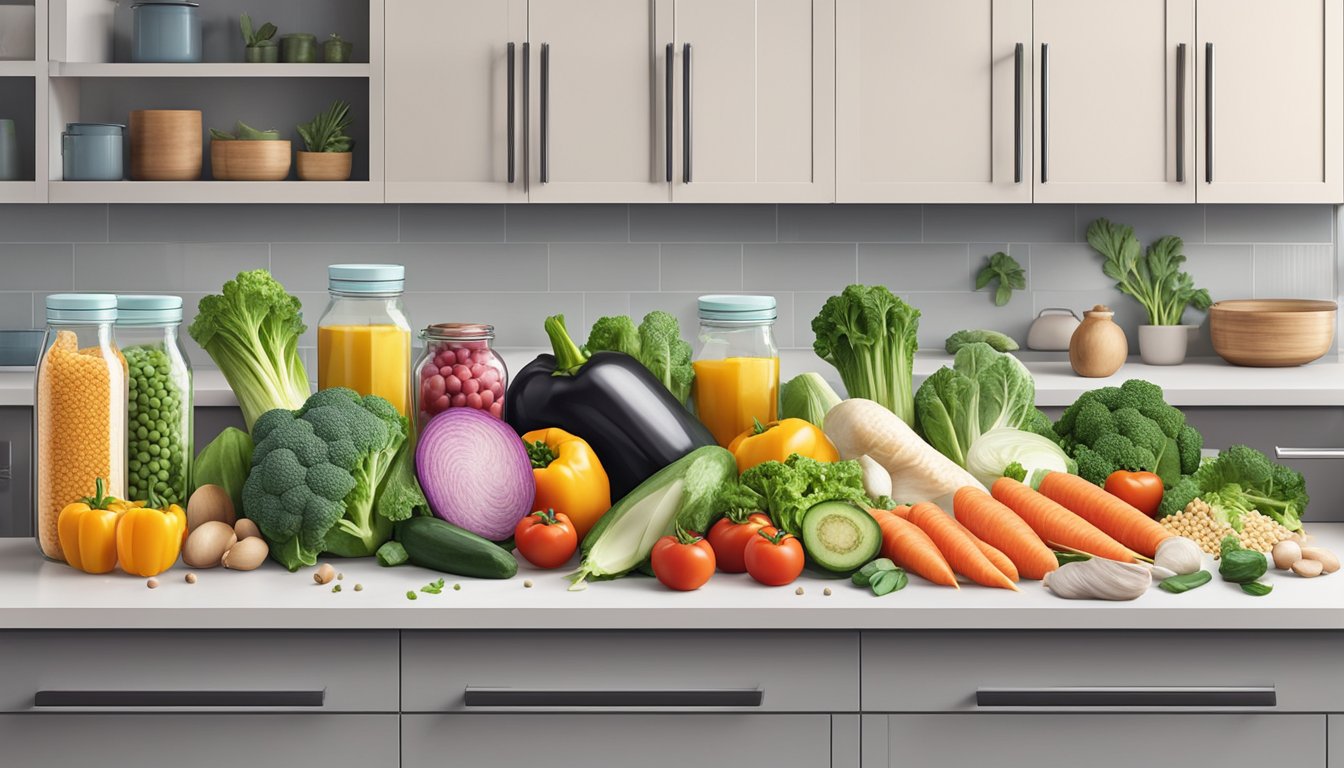 A colorful array of fresh vegetables and lean proteins arranged on a clean, organized kitchen counter, with a variety of keto-friendly ingredients on display