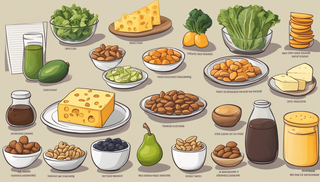 A table with various keto-friendly snacks, including nuts, cheese, and vegetables, next to a list of "do's and don'ts" for keto diet snacking