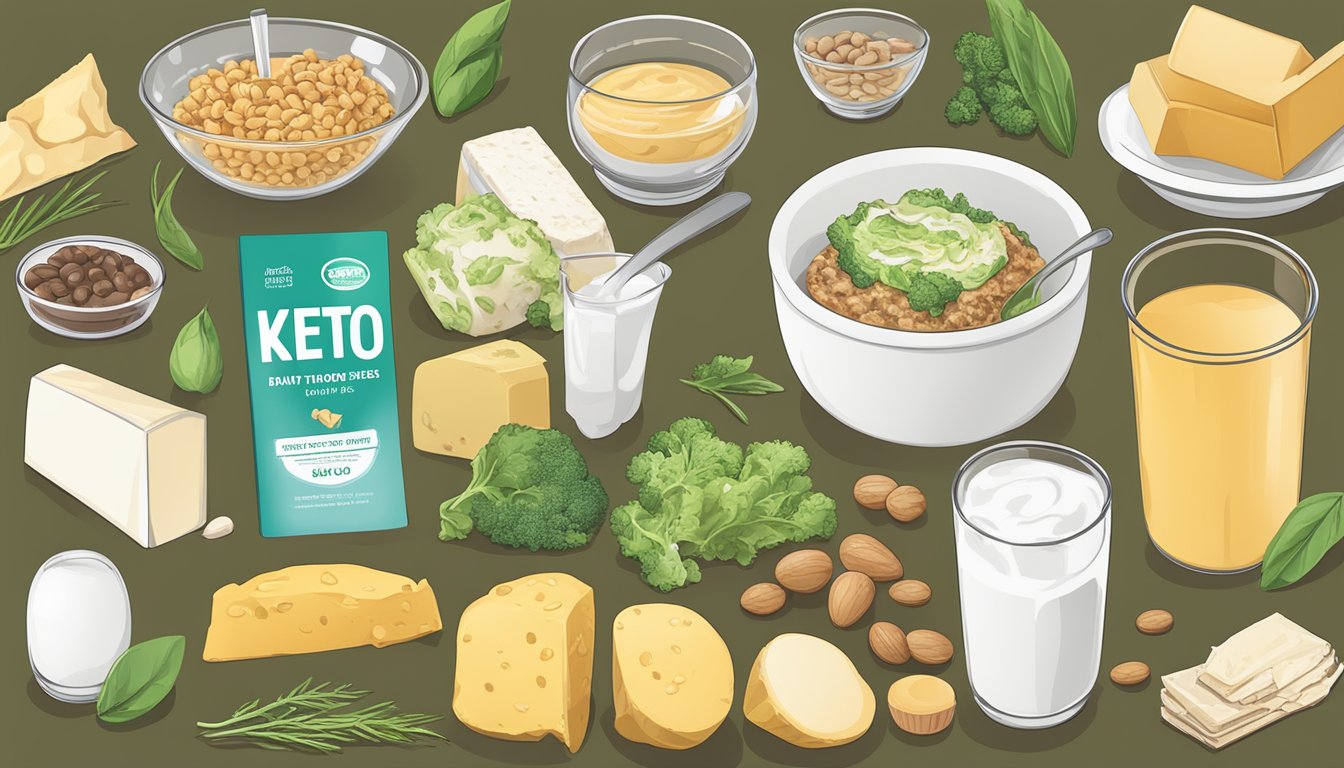 A variety of dairy-free keto foods displayed with informational pamphlets and support resources