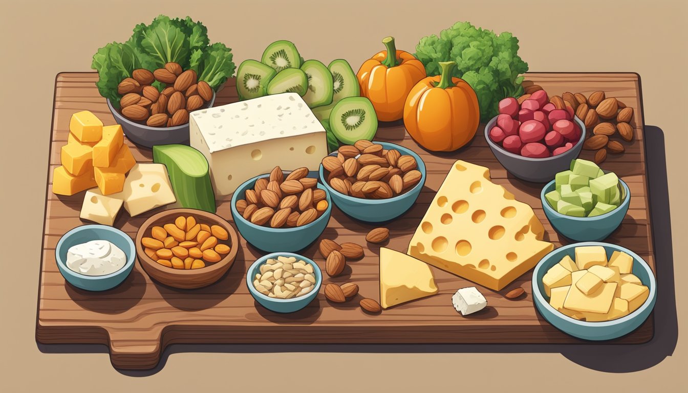 A table with a variety of keto-friendly snacks, including nuts, cheese, and vegetables, arranged neatly on a wooden cutting board