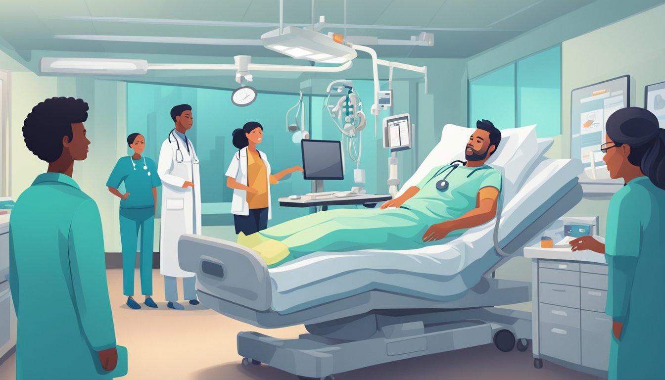 A person lying in a hospital bed, surrounded by medical equipment and concerned loved ones, while a doctor discusses critical illness insurance for ulcerative colitis