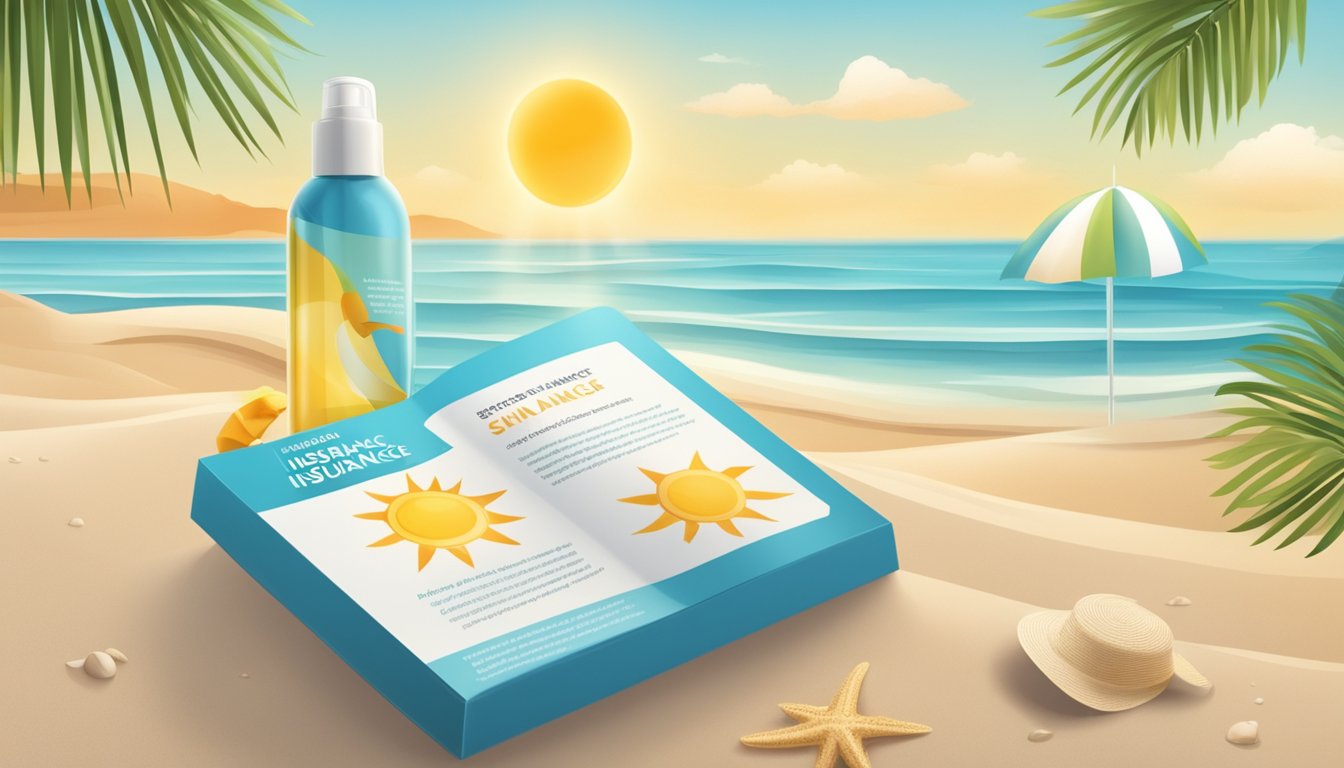 A sunny beach with a bottle of sunscreen and a leaflet about critical illness insurance for skin cancer