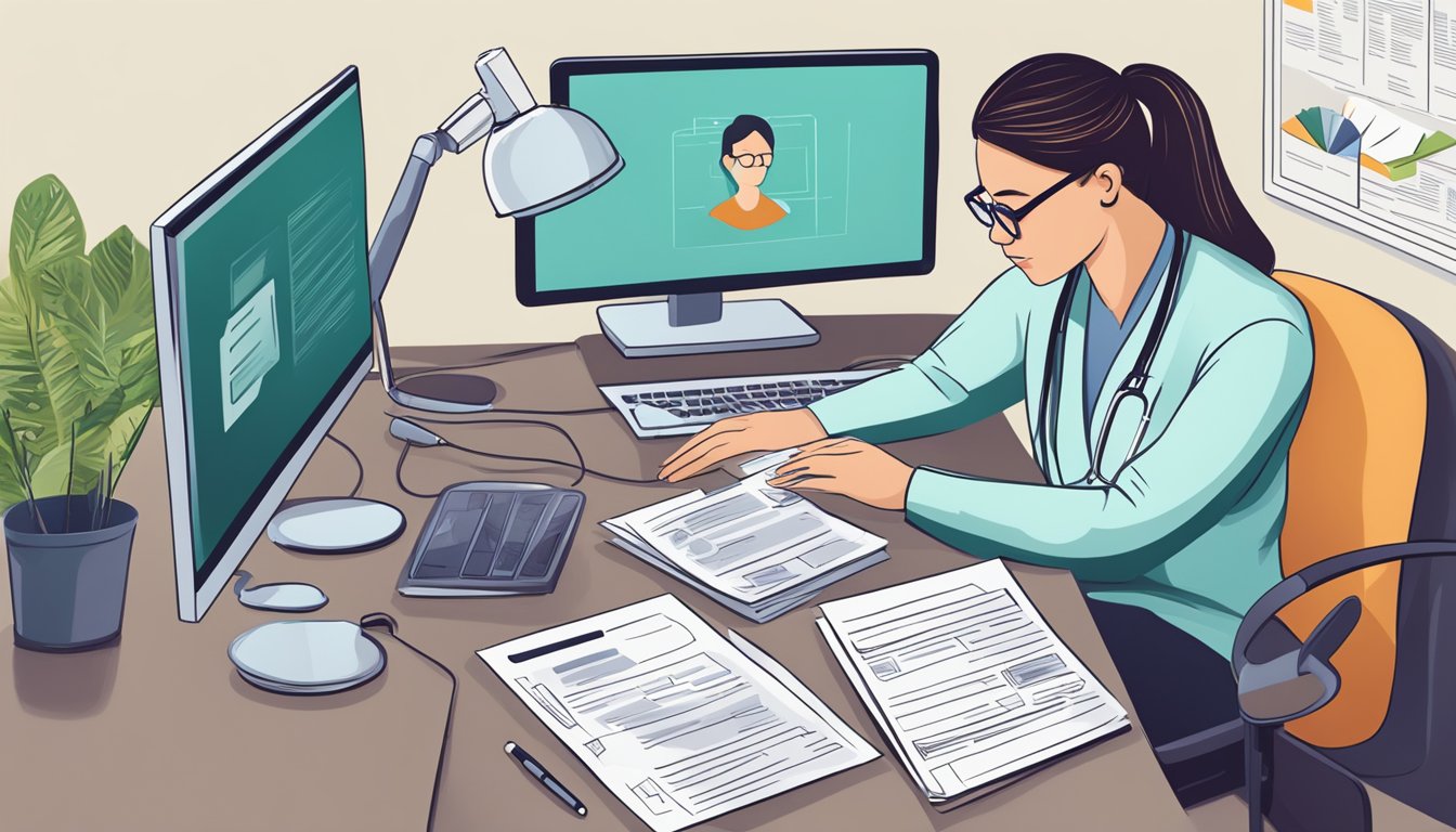 A person researching critical illness insurance options for lupus, surrounded by medical documents and a computer