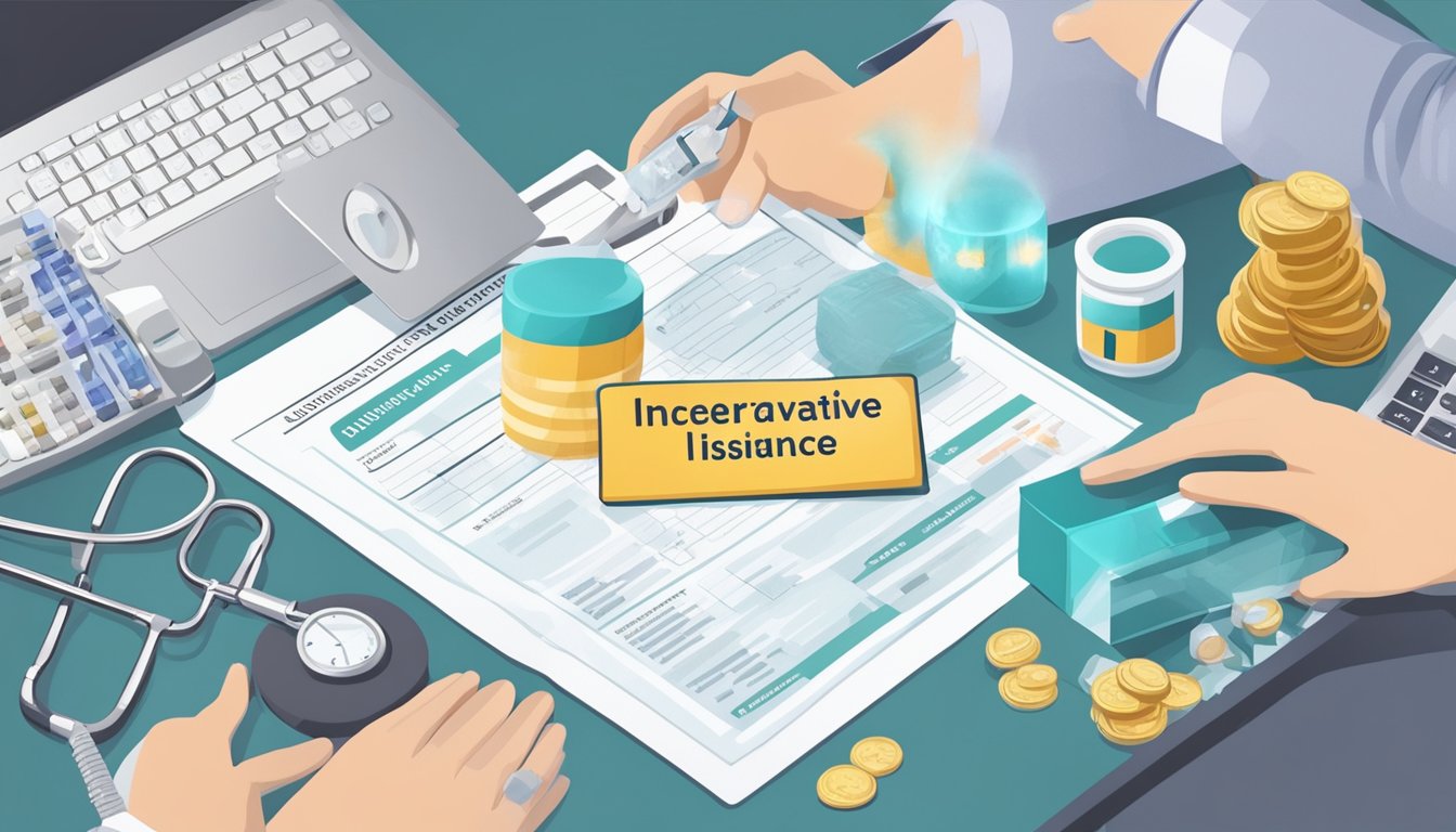 A person receiving a diagnosis of ulcerative colitis, surrounded by various insurance products, with critical illness insurance highlighted