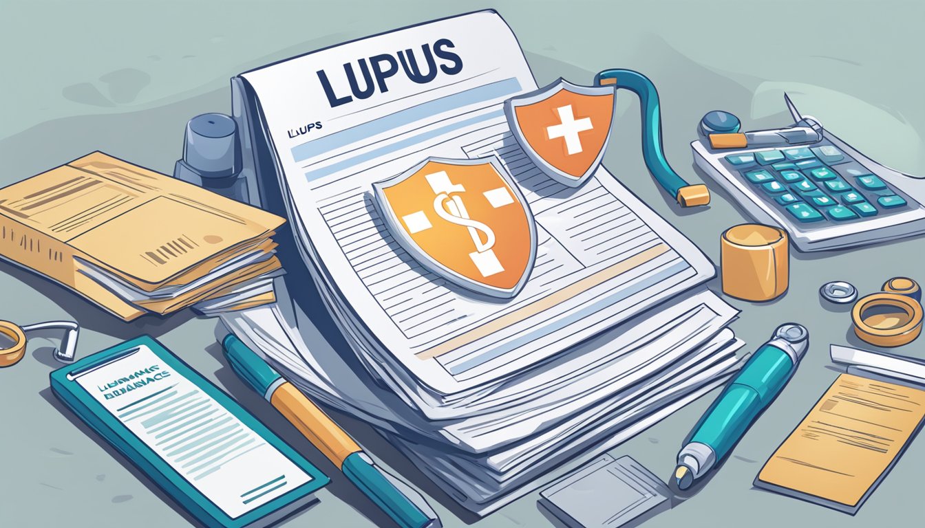 A stack of medical bills with a lupus diagnosis, surrounded by a shield symbolizing critical illness insurance