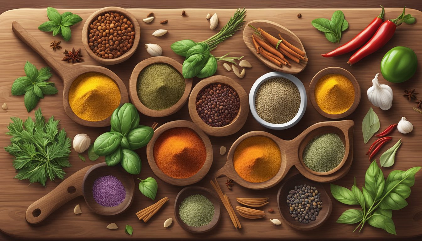 A variety of colorful spices and herbs arranged on a wooden cutting board, adding flavor to a keto-friendly meal