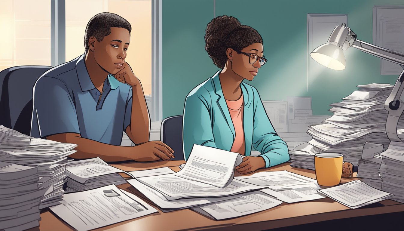 A lupus patient sits at a desk surrounded by medical documents and insurance paperwork, deep in thought. A ray of light shines on the policy considerations for critical illness insurance