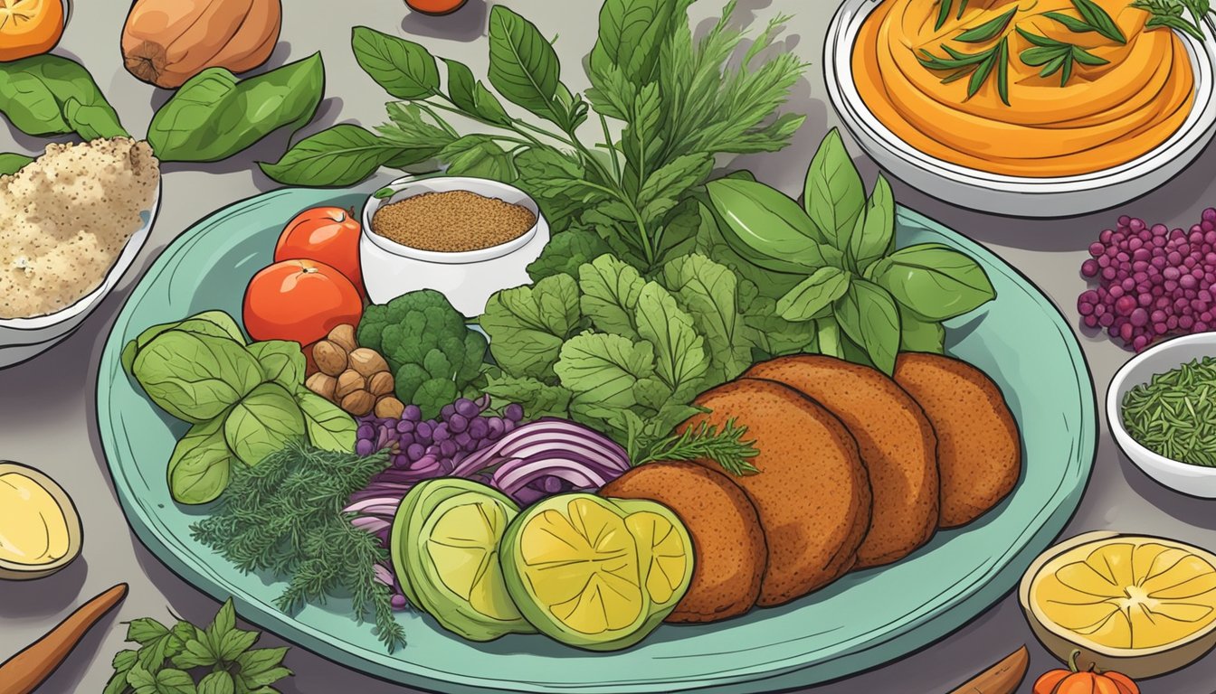 Fresh herbs and spices arranged around a colorful plate of low-carb keto-friendly foods. A vibrant and inviting scene for an illustrator to recreate