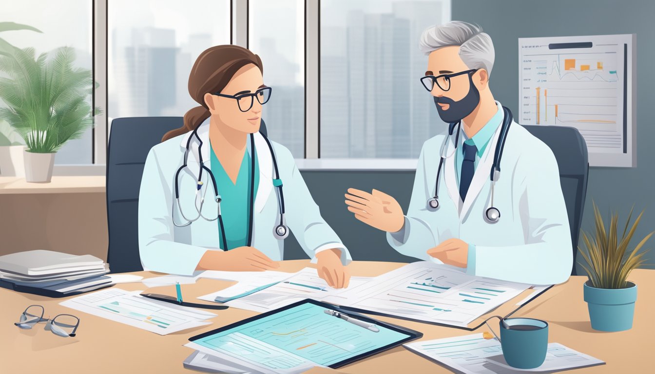 A doctor discussing critical illness insurance with a patient diagnosed with ulcerative colitis. Graphs and medical charts are displayed on the desk