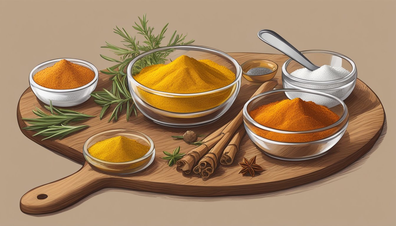 A variety of colorful spices and herbs arranged on a wooden cutting board, including garlic, turmeric, paprika, and rosemary, with a measuring spoon and a small dish of salt