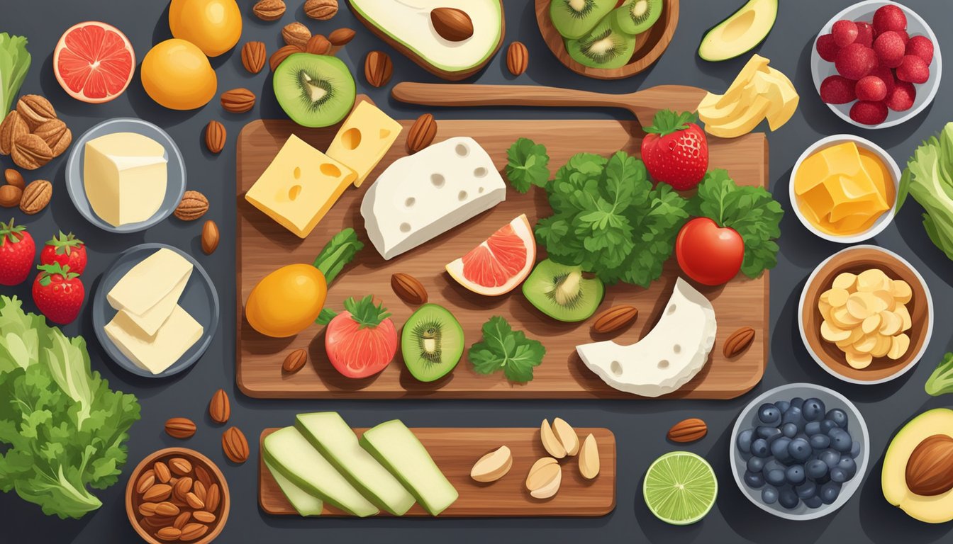 A variety of keto-friendly snacks displayed on a wooden cutting board with fresh fruits, nuts, cheese, and vegetables