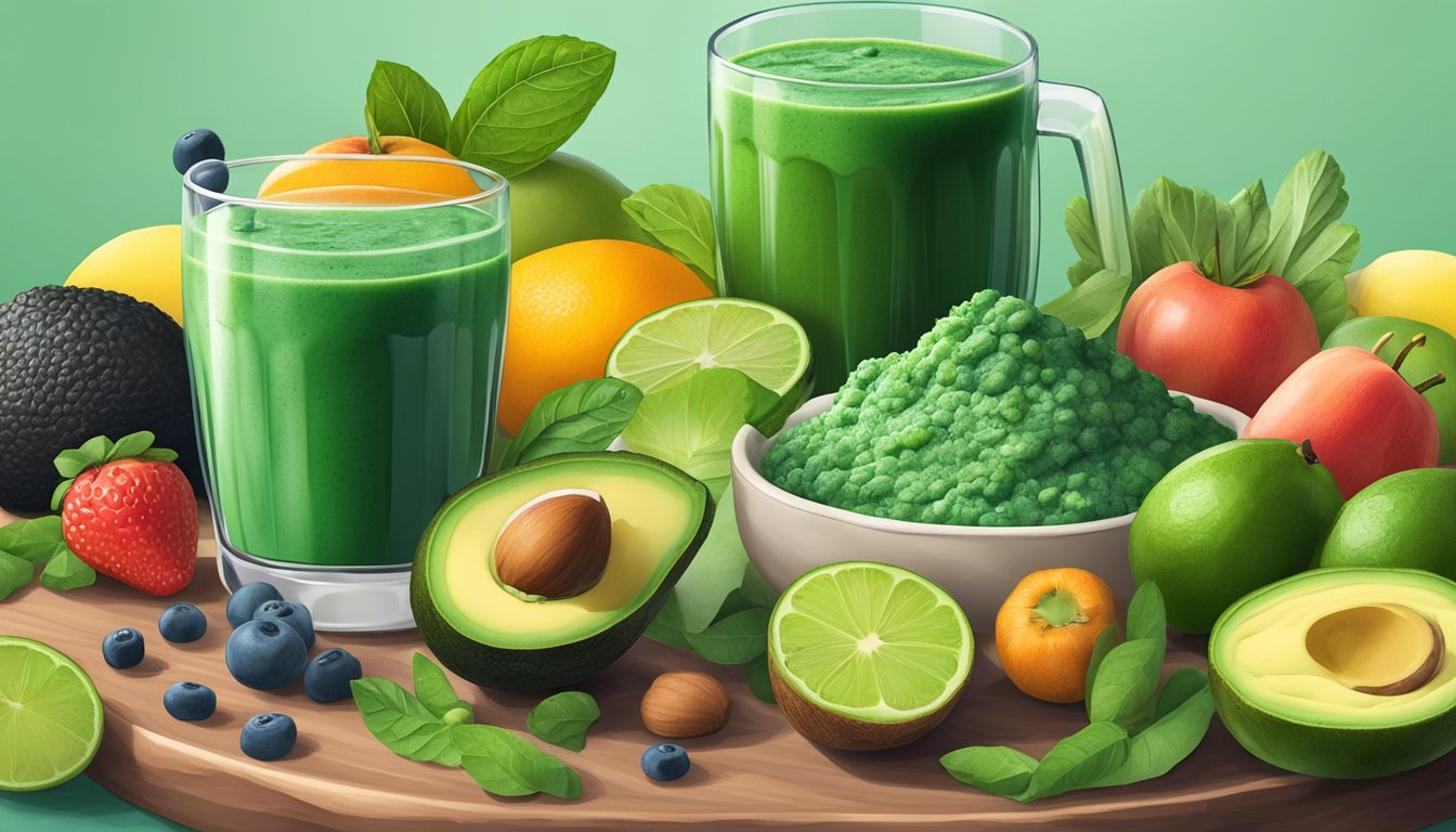 A vibrant green spirulina smoothie surrounded by low-carb vegetables and fruits, with a backdrop of keto-friendly ingredients like avocados and nuts