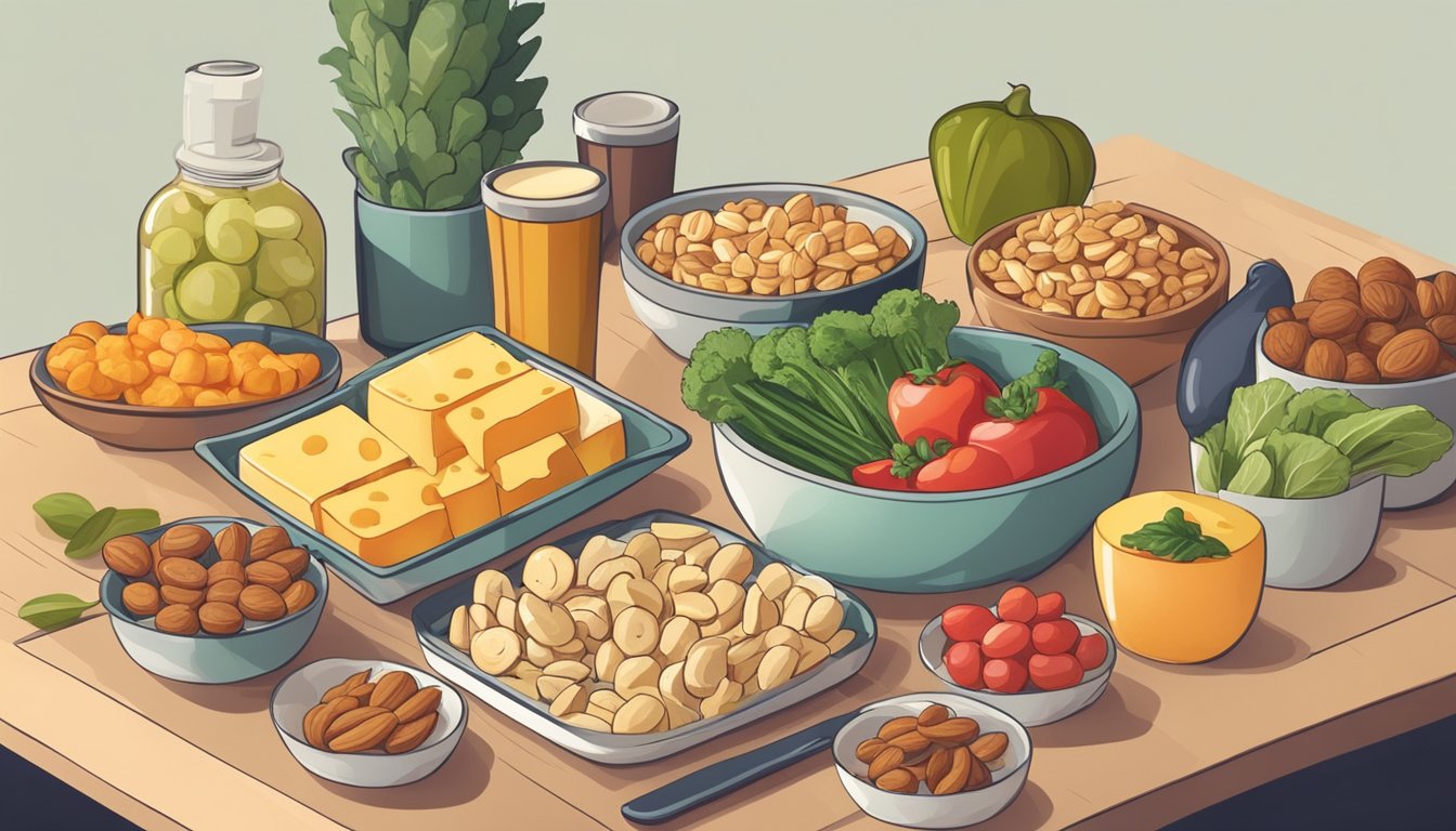 A table with a variety of low-carb snacks including nuts, cheese, and vegetables. A person chooses a healthy snack while avoiding high-carb options