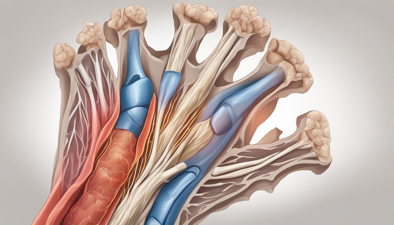 A red, inflamed joint surrounded by damaged tissue and bone erosion, symbolizing rheumatoid arthritis as a covered condition for critical illness insurance