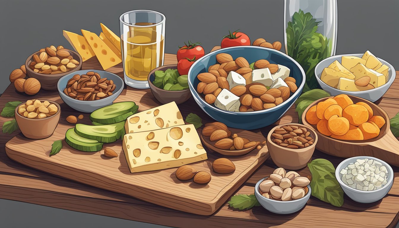 A variety of keto-friendly snacks laid out on a wooden cutting board, including nuts, cheese, and vegetables, with a glass of water nearby