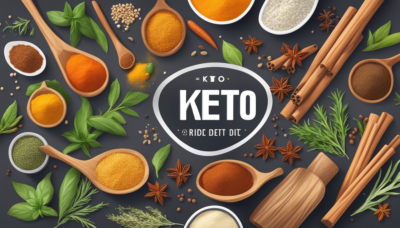 A variety of vibrant spices and herbs arranged around a keto diet logo, with a sprinkle of seasoning blending in the background